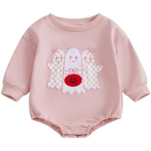 Newborn Baby Girl Halloween Outfit Ghost Sweatshirt Bubble Romper Long Sleeve Onesie My First Halloween Outfit