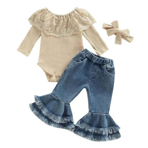Boho Flared Jeans Set | Baby Girl Bodysuit & Flares with Headband