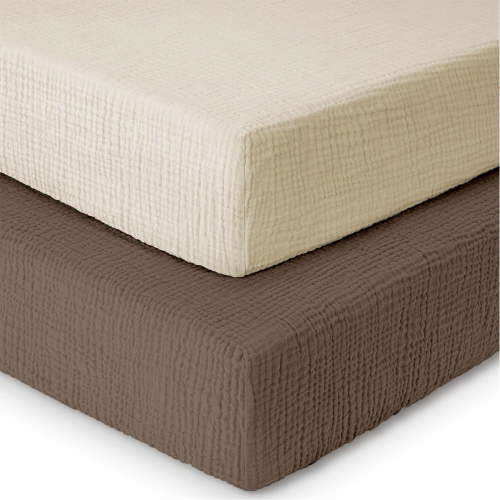 Mère & Moi: Muslin Fitted Crib Sheets: 2 Pack - Brown & Cream - 28x52", 100% Cotton, OEKO-TEX, Ultra-Soft & Breathable, Baby-Toddler Mattress Bedding