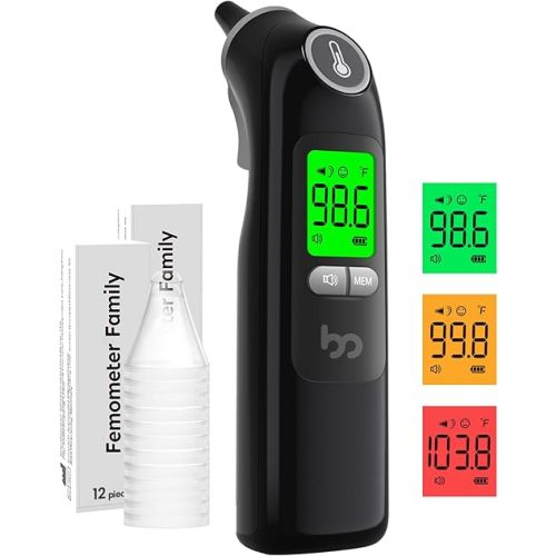 Ear Thermometer, Highly Accurate Ear Thermometer for Kids, Adults and Babies, 30 Memory Recall, 1s Result and 3-Color Fever Alert, with 24 Disposable Probe Covers, Black