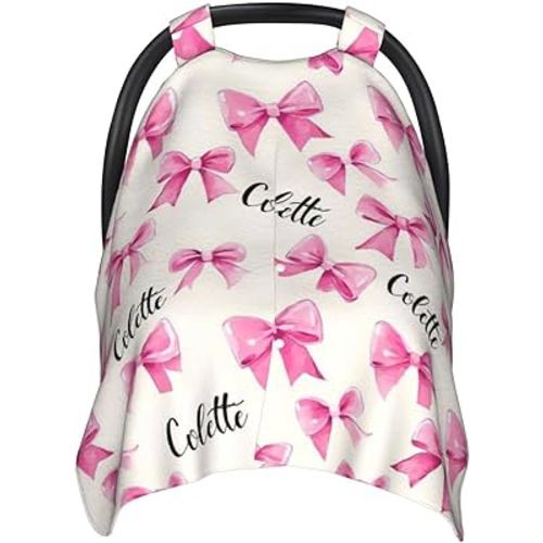 Personalized Baby Car Seat Canopy with Name – Custom Pink Bow Minky Nursing Cover for Girls – Soft Infant Car Seat Cover for Stroller, Breastfeeding & Newborn Travel