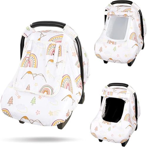 Car Seat Covers for Baby, Winter Baby Car Seat Cover with Peep Mesh Window, Windproof Infant Car Seat Canopy for Girls Boys, Machine Washable, Rainbow Star
