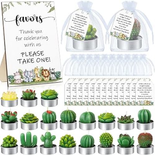 MTLEE 36 Sets Succulent Candles Baby Shower Favors for Guests Include 36 Plant Tealight Candles 36 Thank You Tags 36 Organza Bags Wooden Standing Sign for Gender Reveal Gifts(Safari)