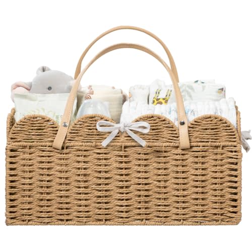 HBlife Large Baby Diaper Caddy, Paper Rope Scalloped Storage Baskets Nursery Bin with Removable Divider, Portable Car Organizer for Diapers, Baby Shower Gifts, Newborn Essentials Must Haves, Brown