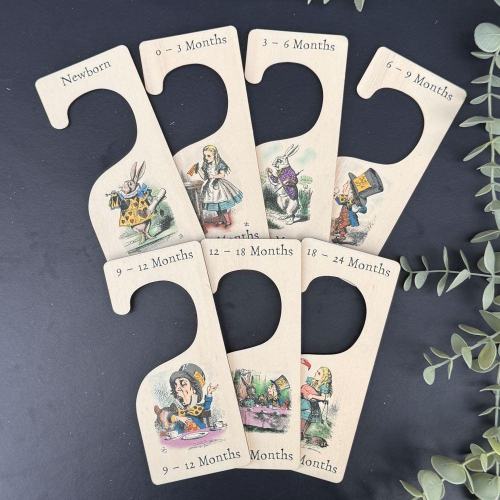 7 Alice In Wonderland Nursery Hangers, Baby Clothes Dividers, New Born Gift, Wooden Baby Shower Keepsake, Wood Baby Keepsake