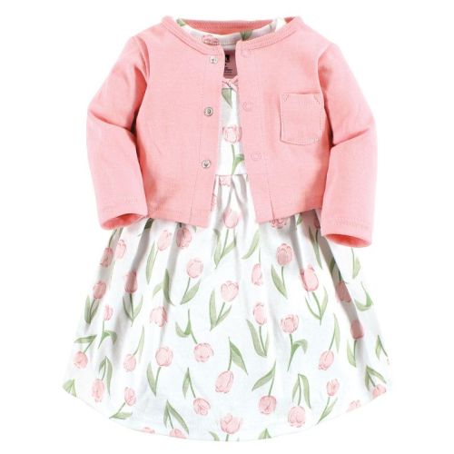 Hudson Baby Infant and Toddler Girl Cotton Dress and Cardigan Set, Pink Tulips, 6-9 Months