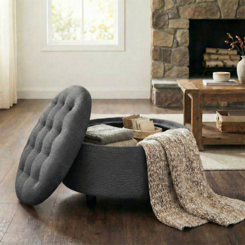 Ebern Designs 25" Round Upholstered Storage Ottoman with Tufted Cushion, Hidden Storage & Reviews | Wayfair