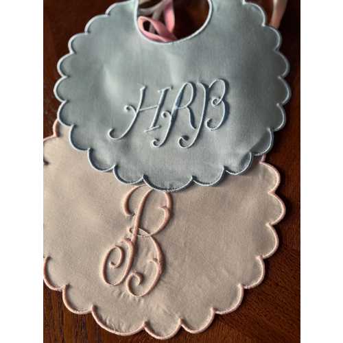 Scalloped Baby Bib, Monogrammed Pima Cotton Batiste, Pink or Blue, Christening Gift