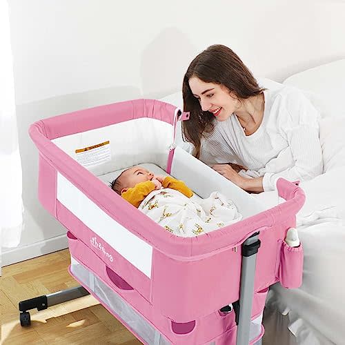 Ihoming Baby Bassinet Bedside Sleeper with Storage Basket, Crib for Newborn | Portable Foldable Bassinets, 6 Height Adjustable Baby Bed with Soft Mattress and Lockable Wheels for Infant Newborn, Pink