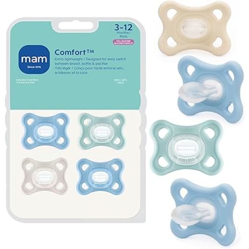 MAM Comfort Baby Pacifiers 3-12 Months Babies, Lightweight One-Piece Full Silicone Binky, BPA-Free Nipple, Easy to Clean Pacifier, Best for Breastfed Babies, 4 Pack, Made in Europe