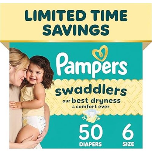 Pampers Swaddlers Diapers, Size 6 (23-44 lbs), 50 Count, Absorbent, Keeps Baby Dry and Comfortable, Skin Safe Disposable Baby Diaper (Packaging May Vary)