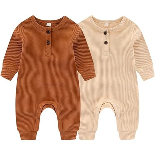 ZAV Solid Unisex Baby Boy Girl Rompers 2 Pack Long Sleeve Jumpsuits Infants Clothes Outfits