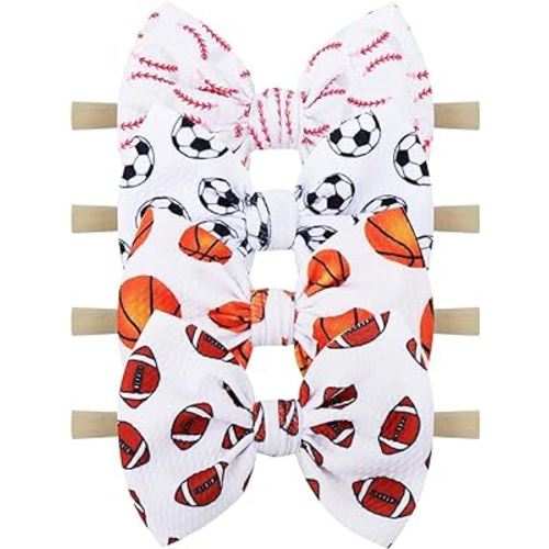 YanJie Baby Girls Hairband - Set of 4 pcs Football, Basketball, Soccer, Rugby Nylon Baby Headbands for 0-6 Months Newborn Infant Toddler - 4 Count Pack