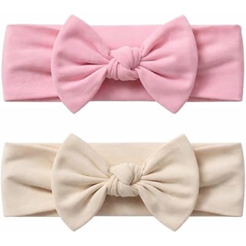 Baby Girl Headbands-Infant,Toddler Cotton Handmade Hairbands with Bows Child Hair Accessories (2, Pink-Light Beige, 3-36 Month)