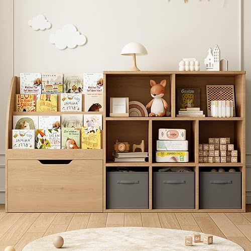 Fatmok Kids Bookshelf and Toy Storage, Toy Storage Organizers with Movable Drawers & 3 Storage Bins, Kids Reading Nook Toy Organizers Shelf with 5 Cubbies, Natral Wood