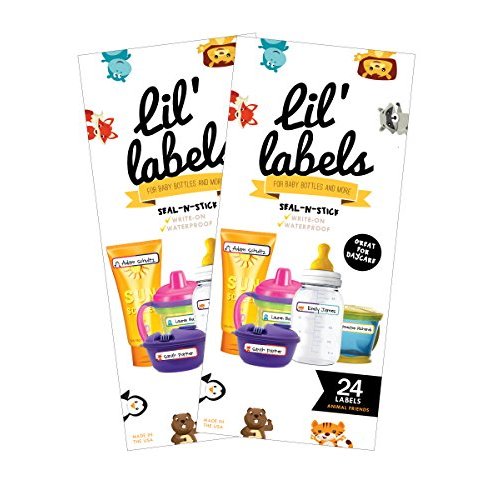Bottle Labels, Write-On Name, Self-Laminating, Waterproof, Baby Bottle Label for Daycare, Made in The USA (Animal Friends Set of 2)