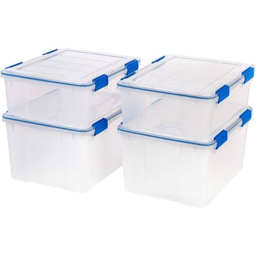 IRIS USA 26.5 & 44 Quart Combo WEATHERPRO Plastic Storage Box with Durable Lid and Seal and Secure Latching Buckles, Clear With Blue Buckles, 4 Pack