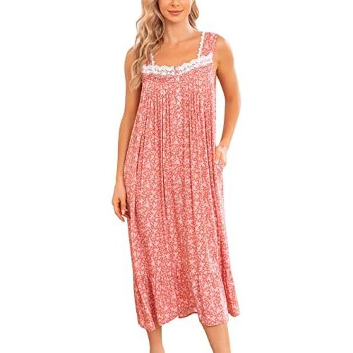AVIIER Cotton Nightgowns for Women Sleeveless House Dress Ladies Long Nightdress with Pockets S-XXL
