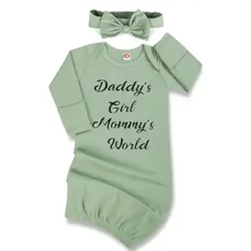 Newborn Baby Girl Nightgown, Long Sleeve Sleeper Gown with Mittens & Headband, Baby Girl Gifts Going Home Outfit with Open Bottom, Easy to Change Diapers 0-6 Months Green
