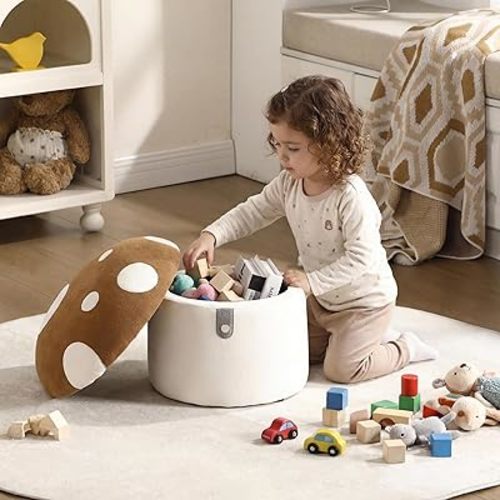 Kids Desk Chairs, Cute Mushroom Storage Ottoman, Mushroom Armchair, Children Round Storage Ottomans, Small Multi-Purpose Footstool for Playroom & Bedroom, Brown Mushroom