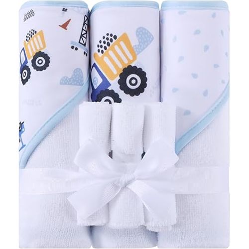 Mooreeke Baby Towel with Hood for Boys Blue Excavator Bath Towel for Babies Ultra Soft Absorbent 3 PCS Baby Towels and 3 PCS Washcloths for Newborn Essentials