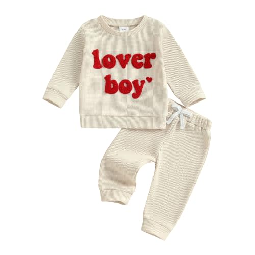 Lesimsam Toddler Baby Boy St Patricks Day Outfit Letter Embroidery Long Sleeve Waffle Knit Sweatshirt and Pants Set