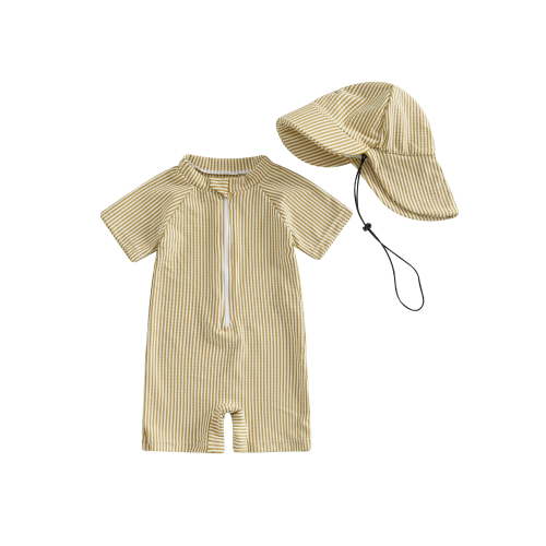 Loicainy Toddler Baby Boy Striped Swimsuit 3 6 12 24 Months 2T 3T Short Sleeve Half Zipper Non-Pilling Rash Guard Swimwear Sunhat Set