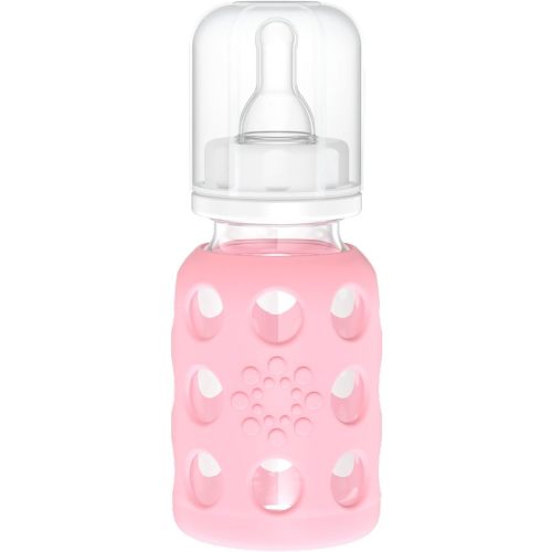 Lifefactory 4-Ounce Glass Baby Bottle with Protective Silicone Sleeve and Stage 1 Nipple Pink (LF110003C4)