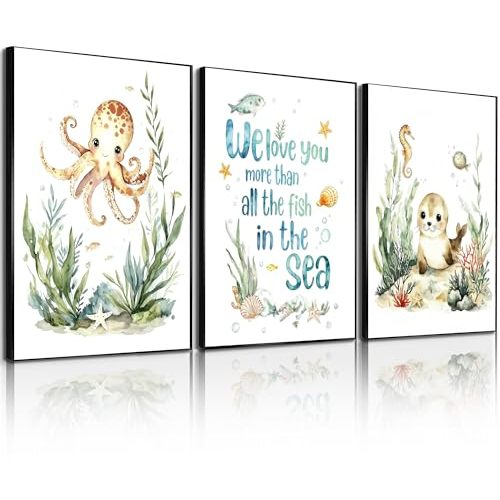 HQQUCC Set of 3 Ocean Nursery Wall Art, Watercolor Sea Animal Canvas Prints | Kids Room and Girls Room Bedroom,12x16 Inch,Unframed, Freely select frames for personalized layout