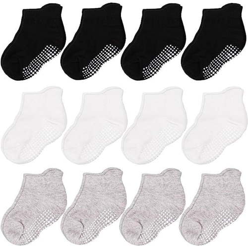 CozyWay Baby Socks with Grippers - Non Slip Ankle Grip Socks For Boys Girls Babies Infants - Comfy Soft Cotton - For Ages 1-11 Months - Unisex Black, Gray, White - 12 Pack