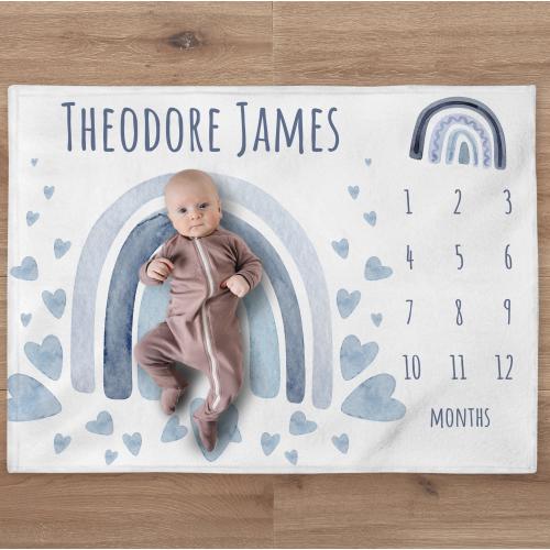 Blue Rainbow Milestone Blanket, Personalized Rainbow Baby Boy Month Blanket, Nursery Custom Newborn Growth Tracker, New Mom Baby Shower Gift