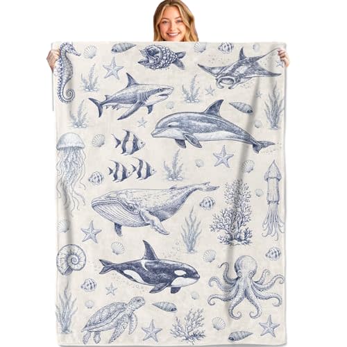 Vintage Ocean Animal Throw Blanket, 50x60in, Soft Lightweight Flannel, Shark Whale Octopus Conch Design Blankets,Gifts for Women Kids,for Couch Travel Office Home Living Room Cabin Decor