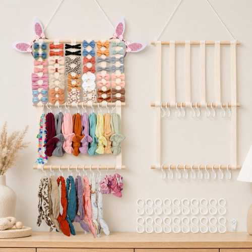 Hair Bow Organizer, Headband Holder with 20 Hooks, Beige Nursery Storage for Girls