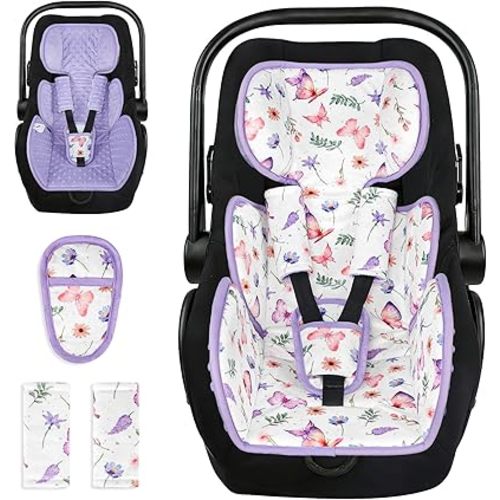 Infant Car Seat Insert with 3 Straps Covers, Ultra-Thick Baby Car Seat Head Support for Side Impact Protection, Minky Dot Baby Car Seat Cushion, Universal Purple Carseat Head Support for Newborn