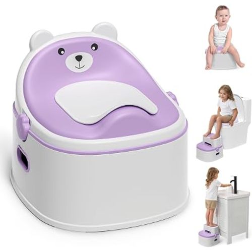 3-in-1 Potty Training Toilet, Portable Potty, Potty Training Seat and Toddler Step Stool, Easy Setup and Clean, Anti-Slip Toddler Potty Trainer for Boy Girl,Lavender