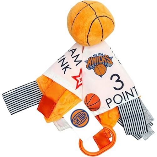 The Learning Lovey New York Knicks Baby Tag Toy - NBA Basketball - Baby Sensory Crinkle Toys - Soft & Safe - Ideal Baby Stroller Toy - BPA Free w/Stroller Clip