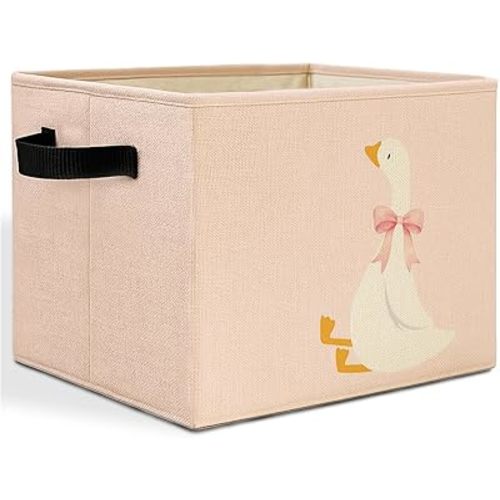 Coquette Pink Bow Goose Storage Bins Box with Handles, Goose Nursery Decor, Cute Geese Laundry Basket Hamper Collapsible Clothes Toys Organizer for Girls Room Playroom Bathroom