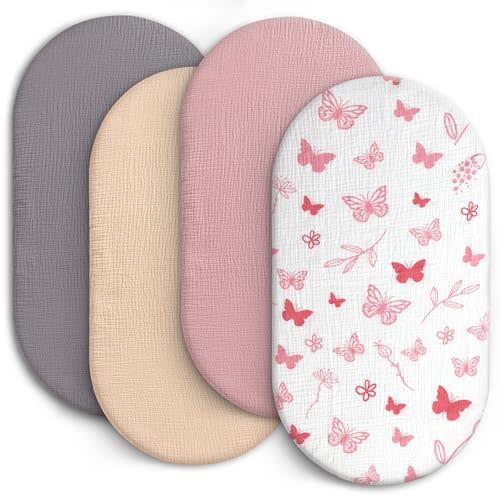100% Muslin Baby Bassinet Sheets for Baby Boy Girls,4-Pack Fitted Bassinet Sheets Set Compatible with Halo Bassinest Swivel Sleeper,Baby Delight,Angelbliss,32"X16" (Pink Butterfly)