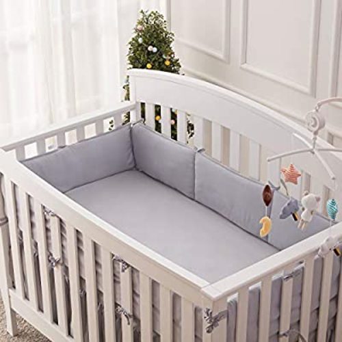 Sunstyle Home Baby Crib Bumper Pad-4 Pieces,Grey Soft Breathable Microfiber Crib Liner for Standard Cribs,Machine Washable Bumper Pad for Baby Crib