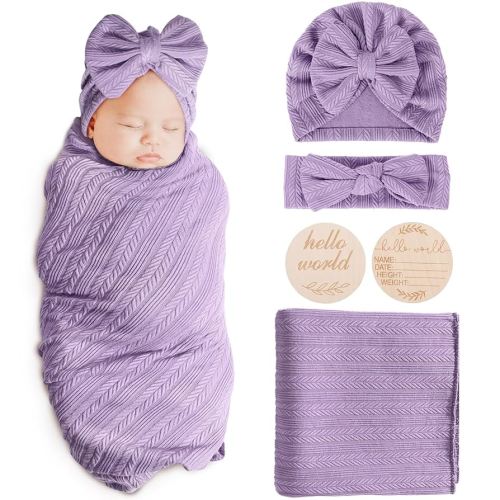 Newborn Receiving Blanket with Bow Hat Headband Wooden Card Set Wheat-Pattern Newborns Toddler Baby Boy Girl Nursery Swaddle Wrap
