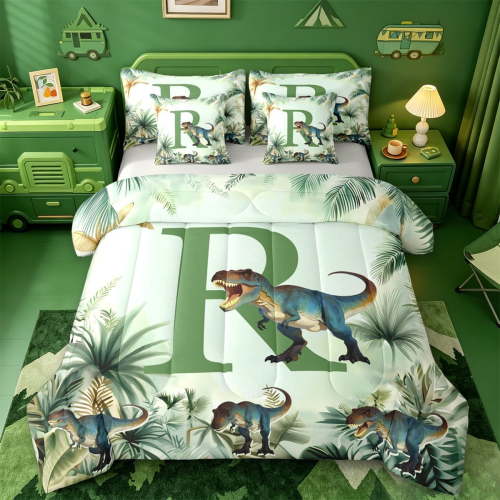 meiyoeat wild Dinosaur Monogram R 7-Piece Twin Bedding,Jungle Dino Print Bedding Comforter Set,Light Gray Reversible