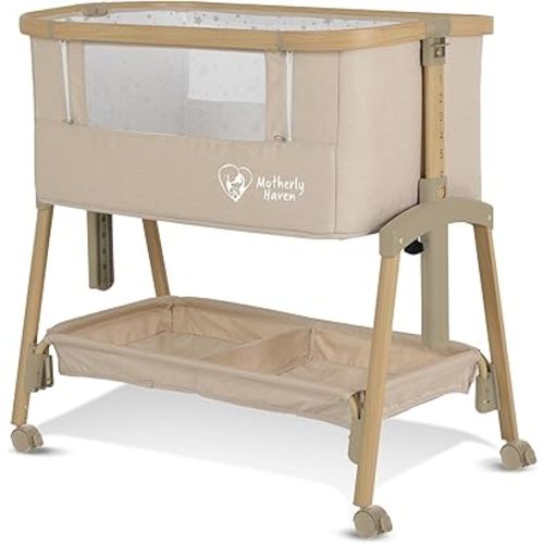 Baby Bassinet Bedside Sleeper, Portable Crib for Newborns, Adjustable 7-Height Auto-Lock, with Wheels, Soft Mattress & Breathable Mesh (Beige)