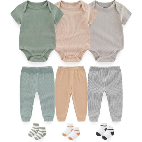 Baby Layette Gift Set 9-Piece Baby Bodysuits and Pant Socks Set Infant Boy Girl Clothes Outfits