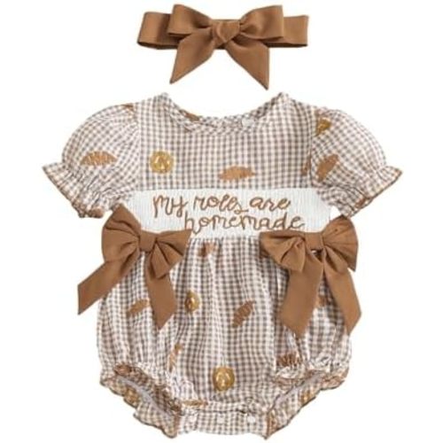 Baby Girl Thanksgiving Outfit My Rolls are Homemade Puff Sleeve Smocked Bubble Romper Newborn Plaid Bodysuit Headband