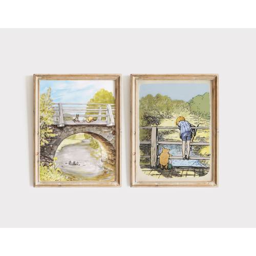 Winnie The Pooh on Stone Bridge, Vintage Printable Wall Art for Nursery, Eeyore under the bridge, Classic Winnie the Pooh Illustration