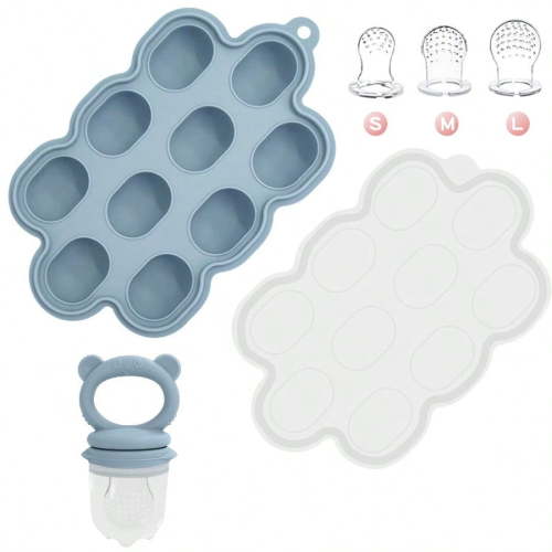 Silicone Baby Fruit Feeder Set with Freezer Tray, 3 Pouches and Breastmilk Popsicle Mold