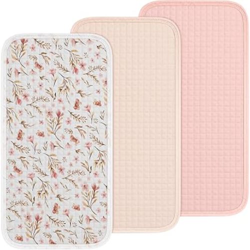 Breling 3 Pcs Waterproof Changing Pad Liners Reusable Baby Diaper Pad Liners for Girl Boy 27.5 x 14.2 Quilted Floral Cotton Changing Table Cover(Pink Floral)