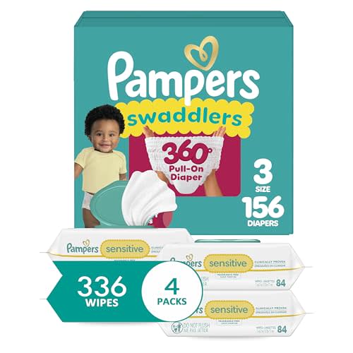 Pampers Swaddlers 360 Pull-On Diapers, Size 3, 156 Count, with Sensitive Baby Wipes, 4 Flip-Top Packs (336 Wipes Total) [Packaging May Vary]