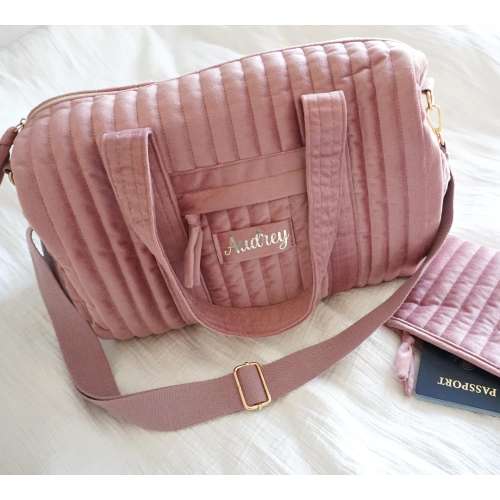 Personalized Velvet Duffle Bag with Trolley / Luggage Sleeve, Custom Name Carry-On Weekender + Small Pouch for Women & Girls Overnight Bags