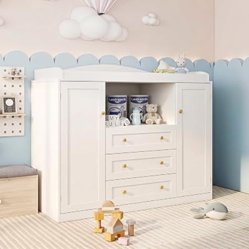 White Changing Table Baby Dresser with Changing Table Top,47'' Wide Kids Nursery Dresser with Drawers,Cabinets,Clothes Rack,Open Storage Space,Multi-Functional Wood Diaper Changing Station